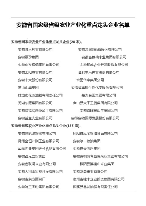 安徽省国家级省级农业产业化重点龙头企业名单