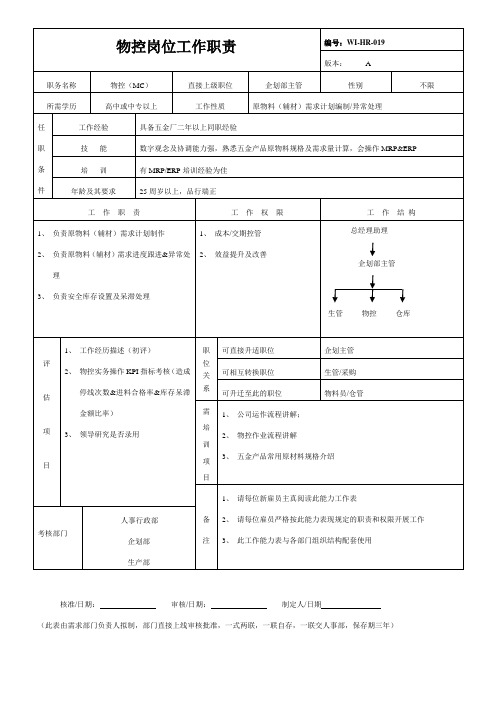 物控工作岗位职责说明书(任职资格书)