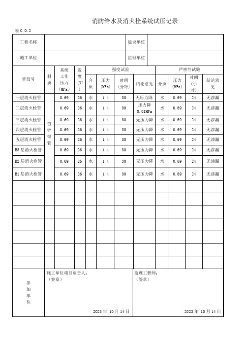 消防给水及消火栓系统试压记录