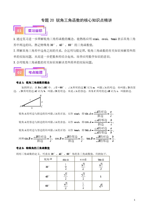 锐角三角函数的核心知识点精讲(讲义)-备战2024年中考数学一轮复习考点帮(全国通用)(原卷版)