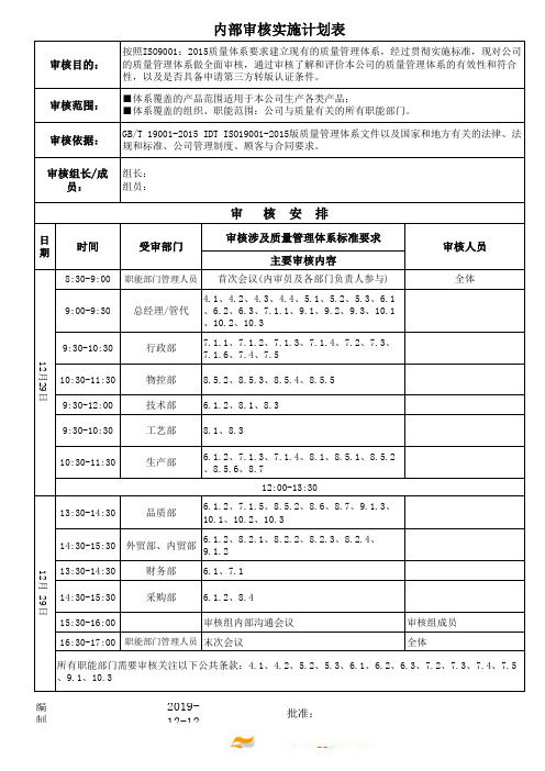 ISO9001内部审核实施计划表