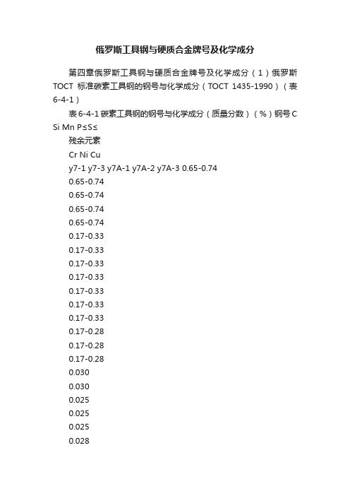 俄罗斯工具钢与硬质合金牌号及化学成分