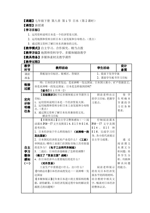 初中地理_日本(第二课时)教学设计学情分析教材分析课后反思