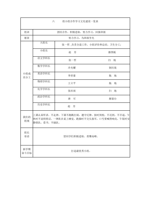 张一哲六组合作学习文化建设一览表