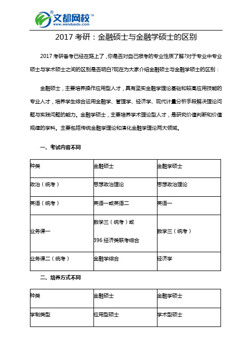 2017考研：金融硕士与金融学硕士的区别