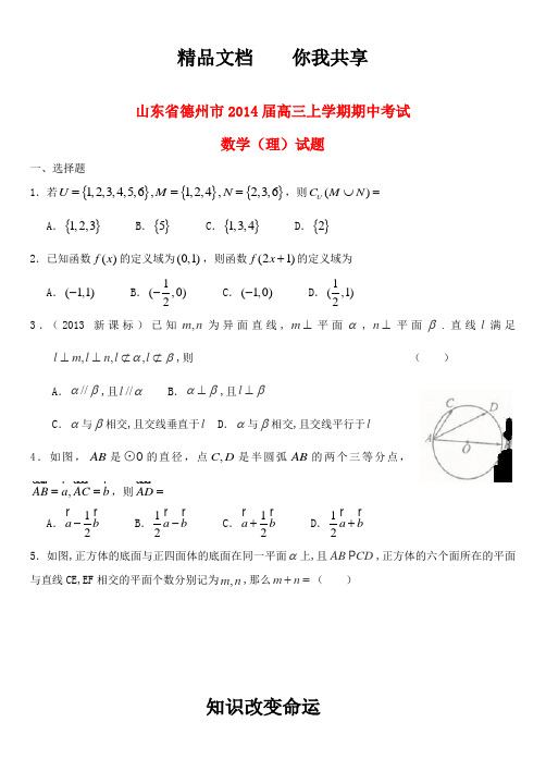山东省德州市2014届高三数学上学期期中试题 理 新人教A版