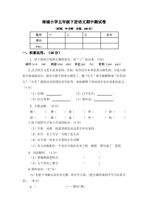 (部编版)南城小学五年级下册语文期中测试卷