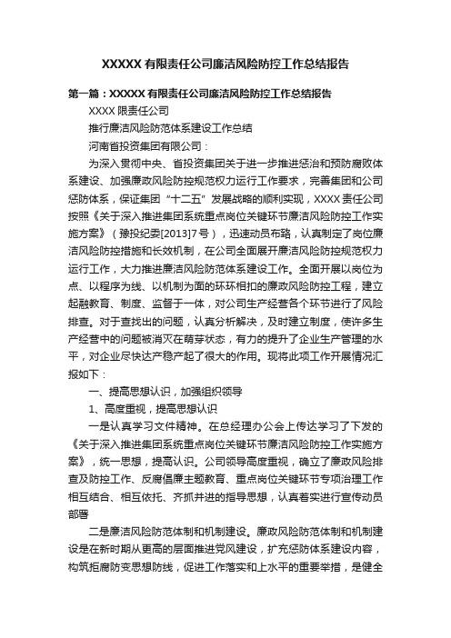 XXXXX有限责任公司廉洁风险防控工作总结报告