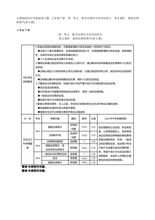 人教版政治中考复习基础篇:七年级下册 第一单元 做学法尊法守法用法的人 第1课时 感受法律的尊严