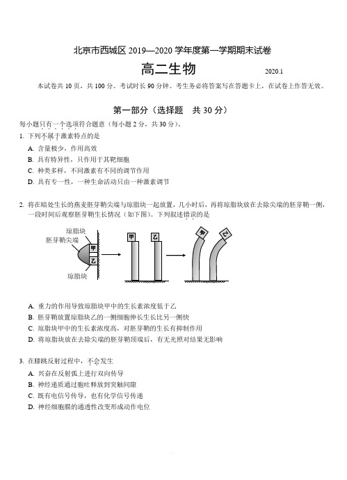 北京市西城区2019-2020学年度第一学期期末高二生物附答案