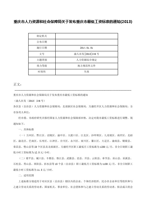 重庆市人力资源和社会保障局关于发布重庆市最低工资标准的通知(2013)-渝人社发[2013]246号