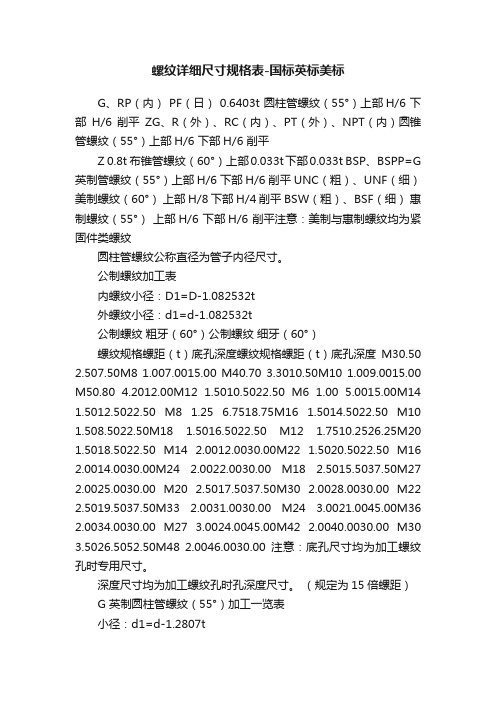 螺纹详细尺寸规格表-国标英标美标