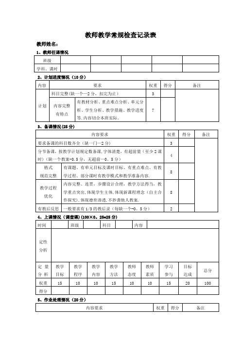 教师教学常规检查记录表