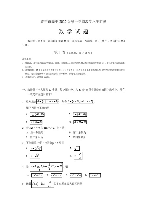 四川省遂宁市2019-2020学年高一上学期期末考试数学含答案