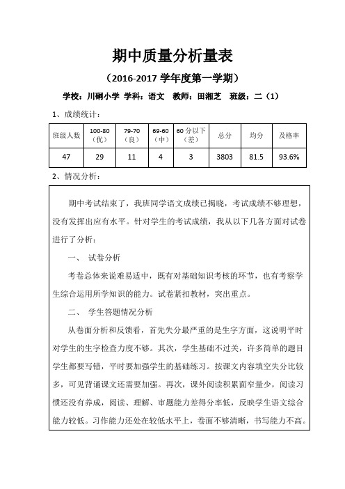 二(1)班语文半期质量分析表