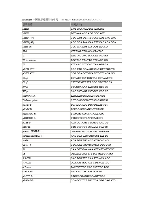 Invitrogen中国测序通用引物序列