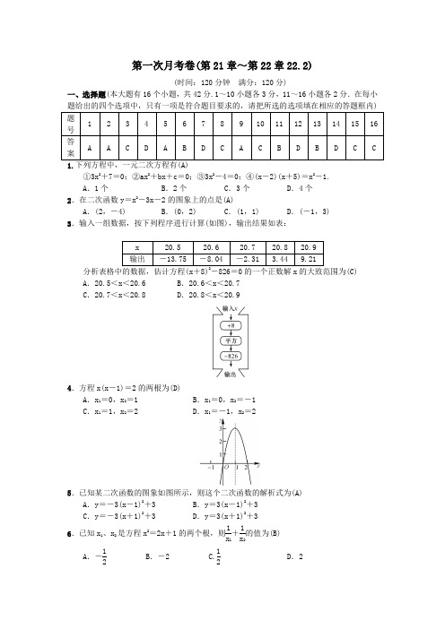 九年级数学上册第一次月考卷(第21章～第22章22.2)