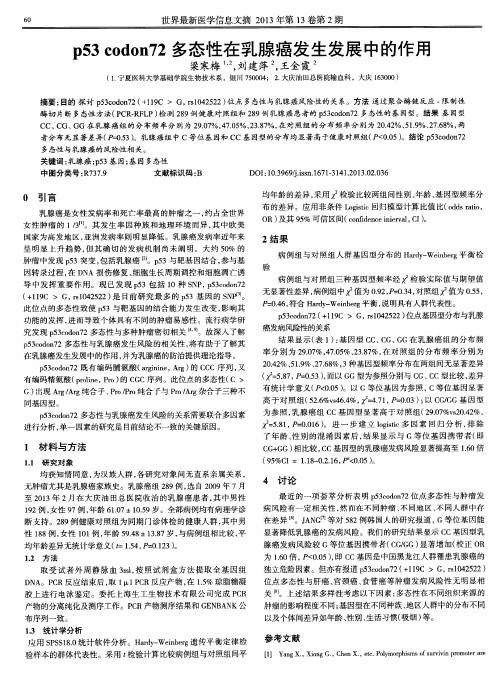 p53 codon72多态性在乳腺癌发生发展中的作用