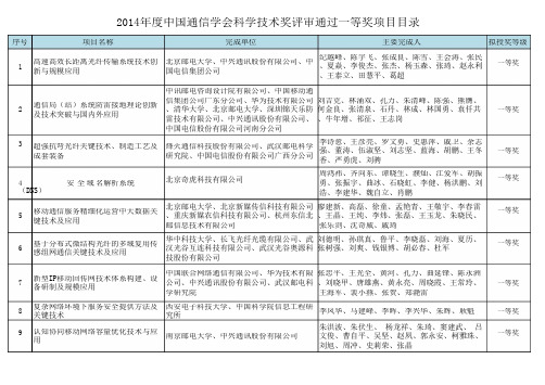 2014年度中国通信学会科学技术奖评审通过一等奖项目目录