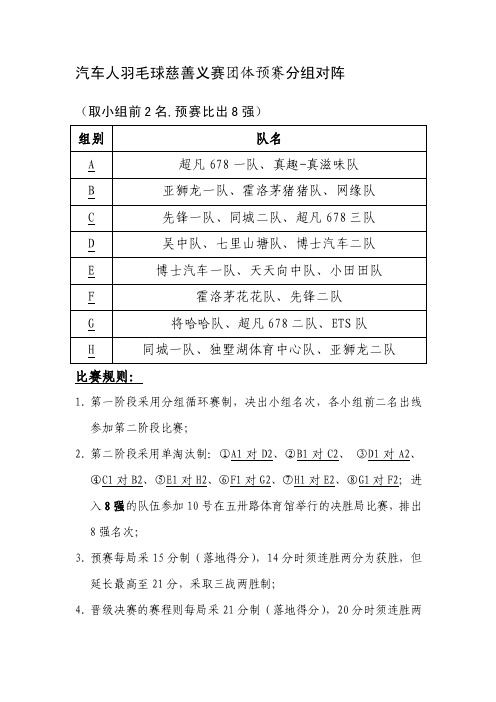 汽车人羽毛球慈善义赛团体预赛分组对阵