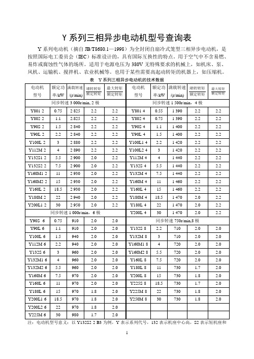 Y系列三相异步电动机》型号查询表