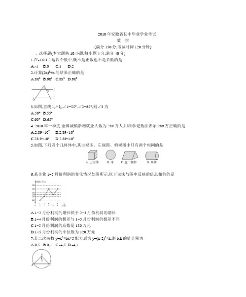 2010年安徽省中考数学试卷及答案