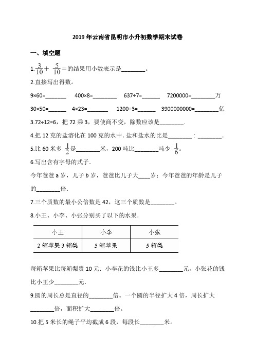 2019年云南省昆明市小升初数学期末试卷