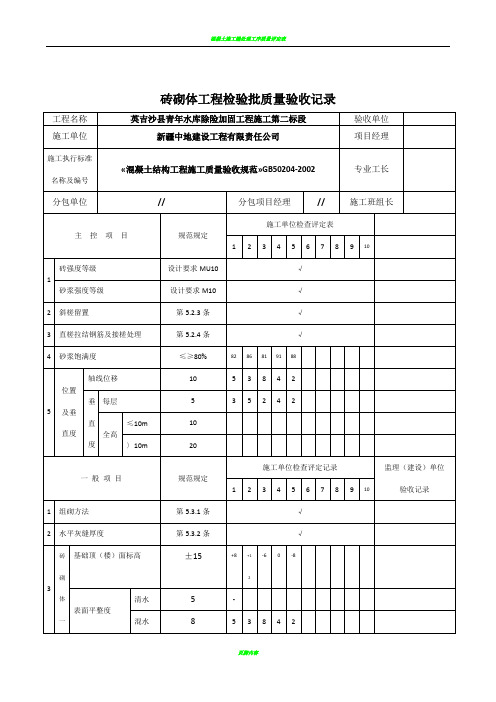 砖砌体工程检验批质量验收记录表