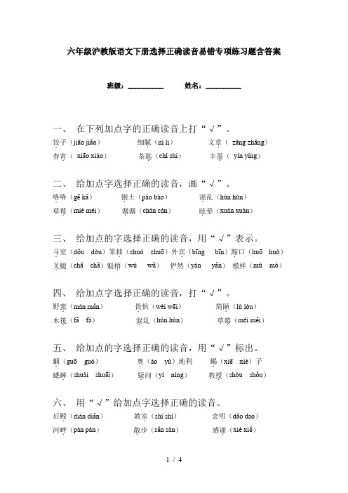 六年级沪教版语文下册选择正确读音易错专项练习题含答案