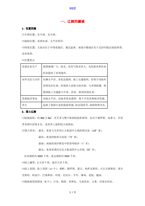 八年级地理会考复习 1.1《辽阔的疆域》知识点总结