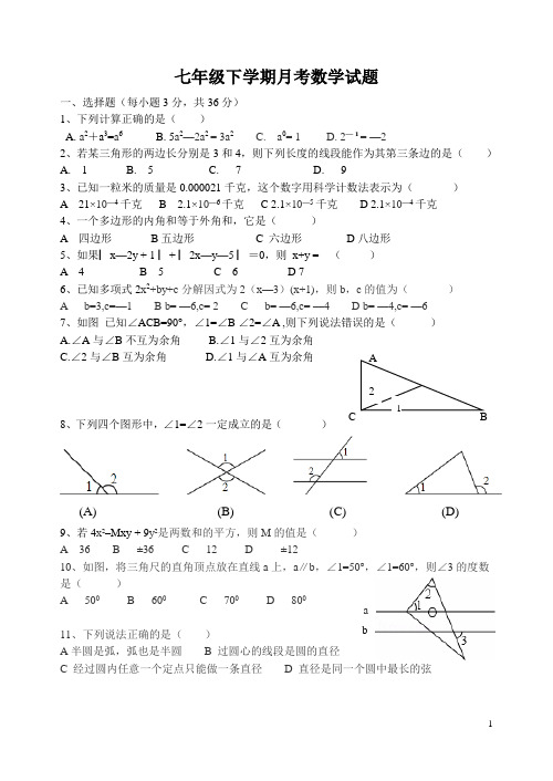 七年级下学期第三次月考数学试题(编辑后)