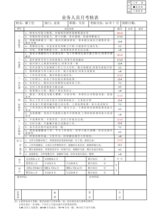 业务人员月考核表