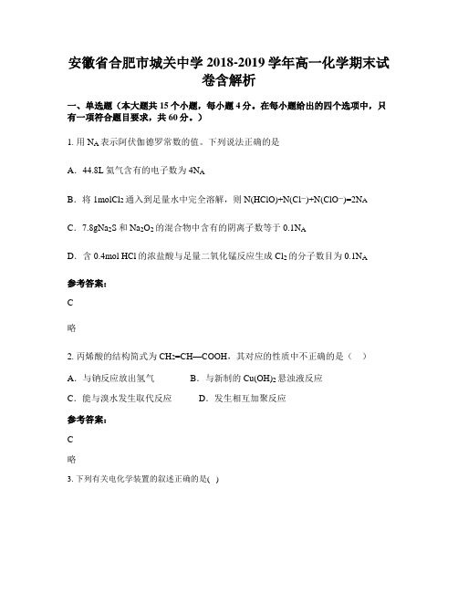 安徽省合肥市城关中学2018-2019学年高一化学期末试卷含解析