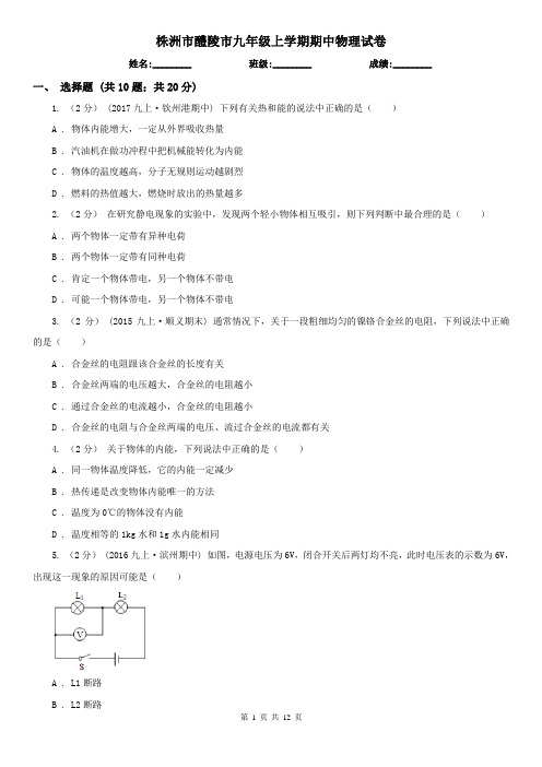 株洲市醴陵市九年级上学期期中物理试卷