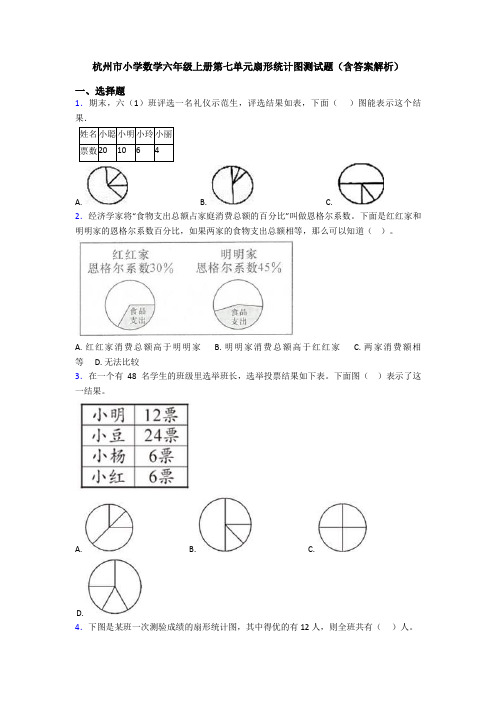 杭州市小学数学六年级上册第七单元扇形统计图测试题(含答案解析)