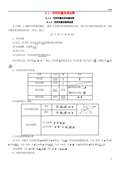 2019高中数学 第三章 3.1.1 空间向量及其加减运算 3.1.2 空间向量的数乘运算学案 新人教A版选修