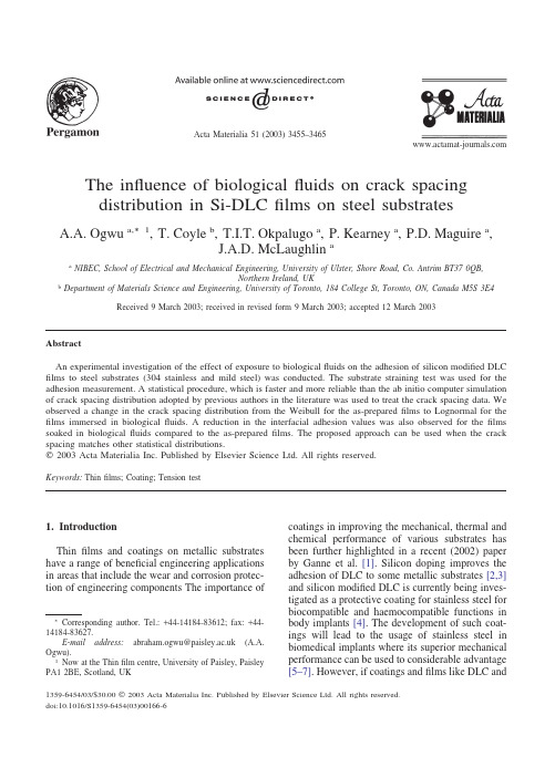 The influence of biological fluids on crack spacing distribution in Si-DLC films on steel substrates