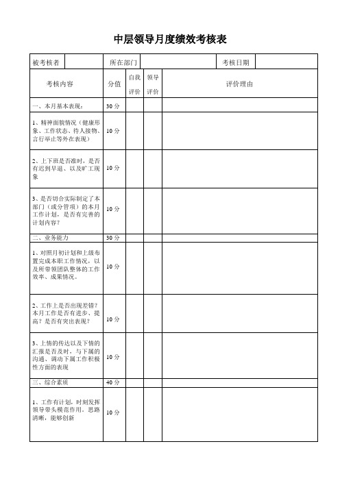 中层领导月度绩效考核表