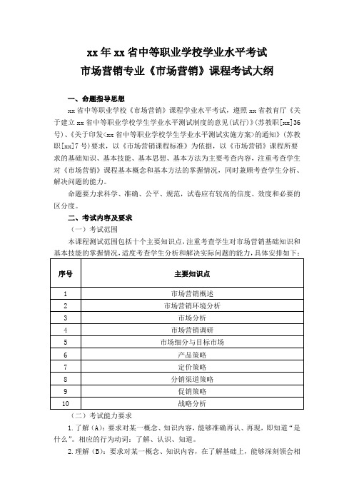 省中等职业学校学业水平考试市场营销专业《市场营销》课程考试大纲