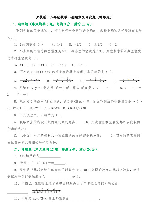 沪教版六年级数学下册期末复习试题