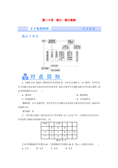 【课堂新坐标】高考数学二轮热点专题突破讲练 第二十讲 统计、统计案例 理(含解析)