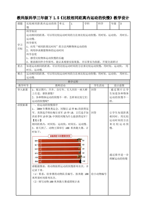 【科学】新教材教科版小学科学三年级下册1.5《比较相同距离内运动的快慢》教案