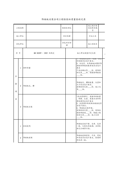 饰面板安装分项工程检验批质量验收记录