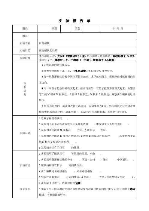 实验报告单探究磁铁的性质