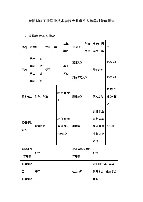 衡阳财经工业职业技术学院专业带头人培养对象申报表