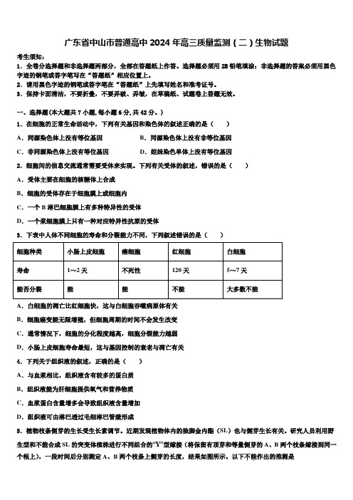 广东省中山市普通高中2024年高三质量监测(二)生物试题含解析