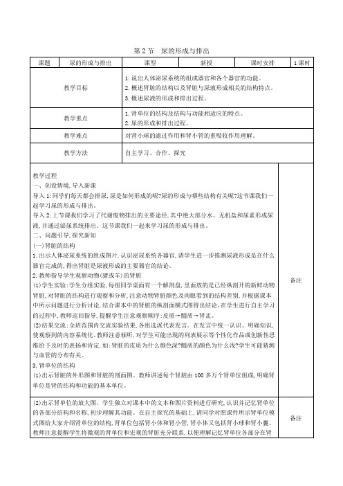 4.11.2尿的形成与排出教案(表格式)北师大版生物学七年级下册