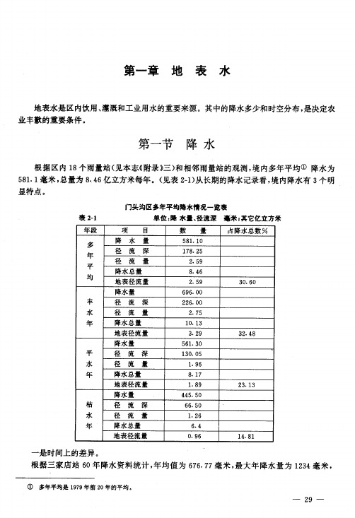 表2-1门头沟区多年平均降水情况一览表(单位：降+水量、径流深+毫米：其它亿立方米)