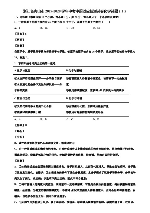 浙江省舟山市2019-2020学年中考中招适应性测试卷化学试题(1)含解析