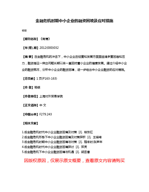 金融危机时期中小企业的融资困境及应对措施